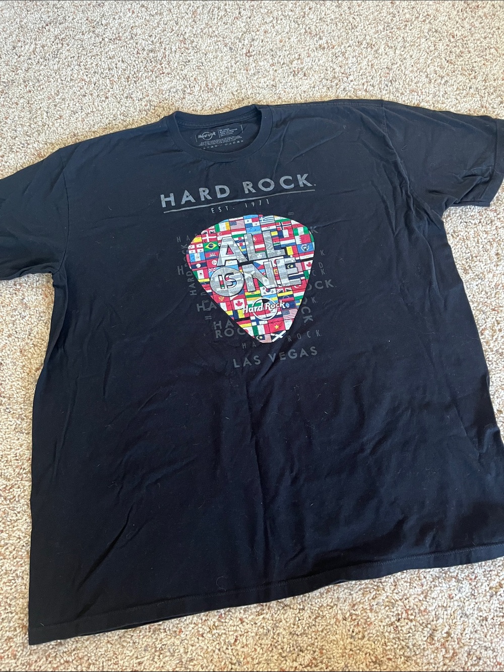 Hard Rock Cafe Black Short Sleeve Tee with Multicolor 'All As One' Guitar Pick